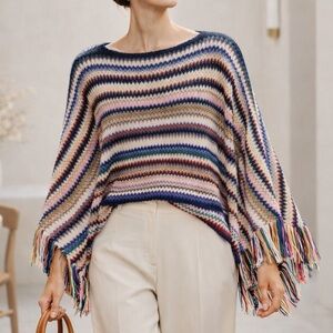 NEW MISSONI Orange Label Zigzag Wool Poncho Ivory Black One Size